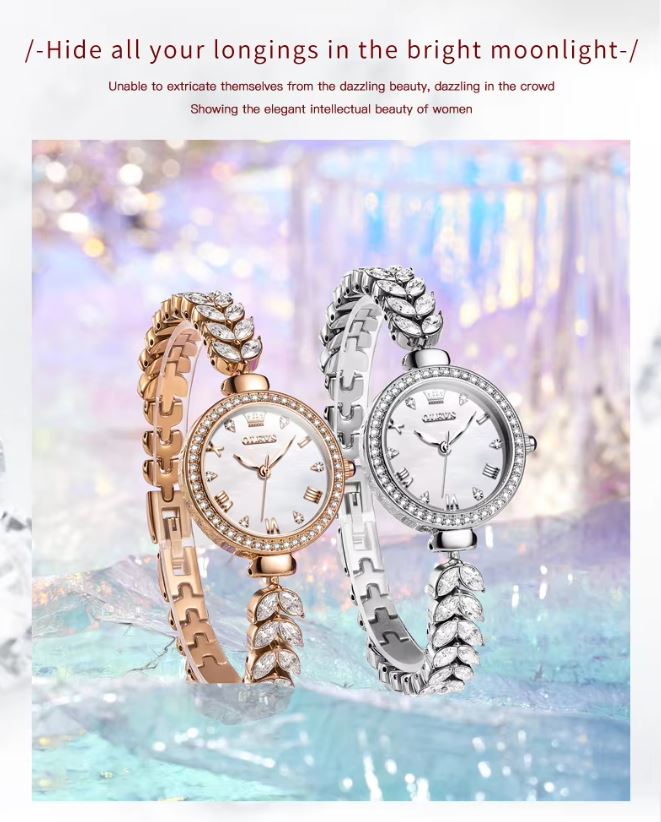 OLEVS 9971 Ladies Diamond Design Luxury Quartz Watch Silver White Dial– Bling Crystal Jewelry Wristwatch