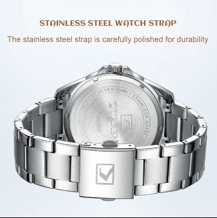 Silver watch with stainless steel strap on a light gray background
