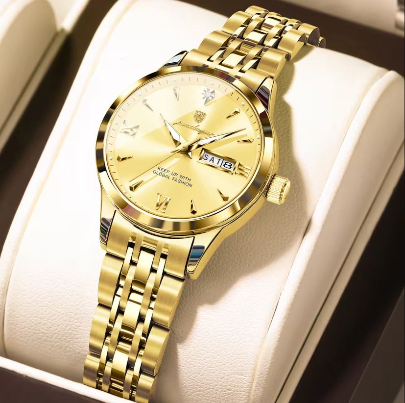POEDAGAR 504 Women’s Quartz Watch Golden – Stainless Steel Band & Complete Calendar Design