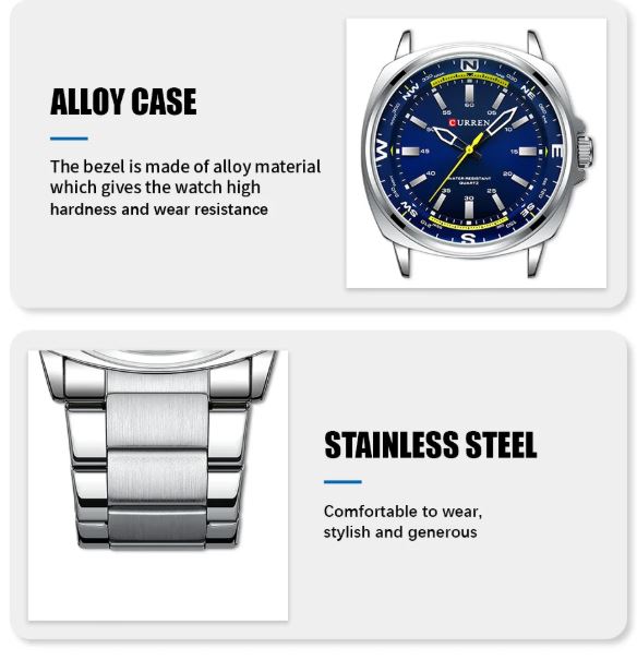 Watch with alloy case and stainless steel band on a white background