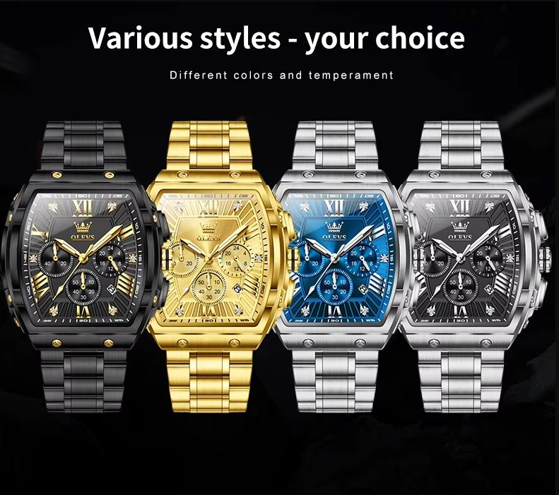 Four luxury watches in black, gold, silver, and blue on a dark background with text 'Various styles - your choice'.