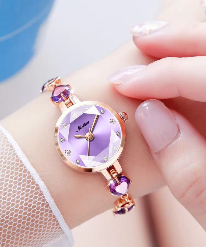 MEIBIN 1713 Women’s Luxury Purple Rose Gold Stainless Steel Watch – Elegant Quartz Wristwatch