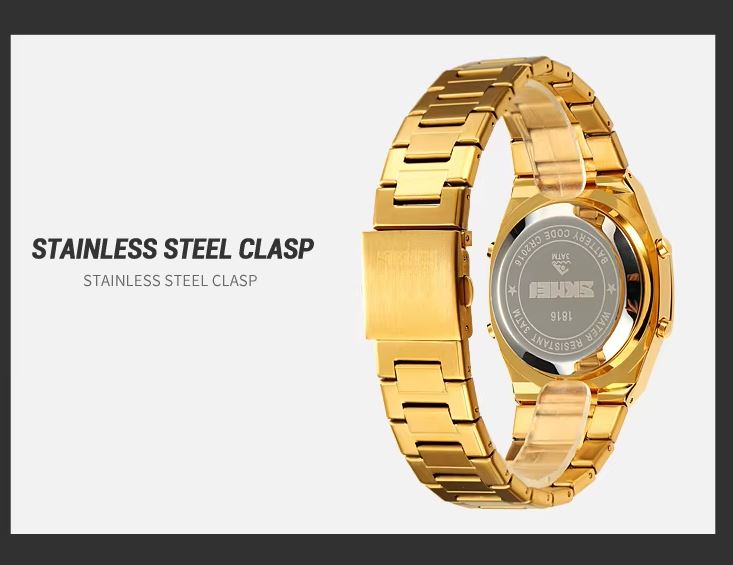 Gold watch with stainless steel clasp on a white background