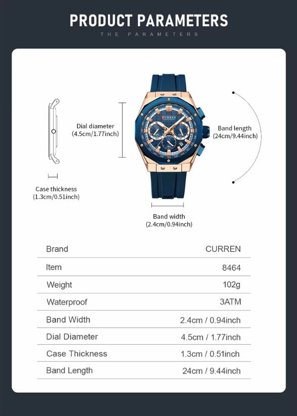 Product parameters of a watch with specifications and brand details.