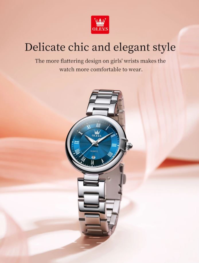 OLEVS 5608 Women’s Luxury Quartz Watch Silver Blue– Roman Scale Waterproof Luminous Watch