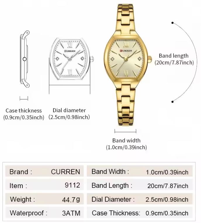 Gold watch with detailed specifications on a white background