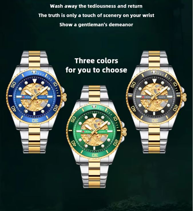Three watches with blue, green, and black faces on a dark background