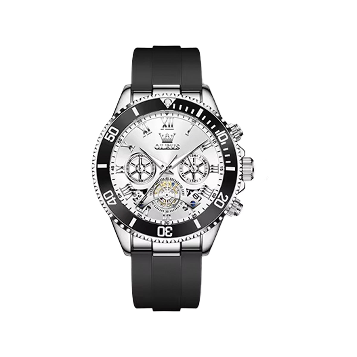 OLEVS 3730 Men’s Moon Phase Hollow Design Quartz Watch Silver-White