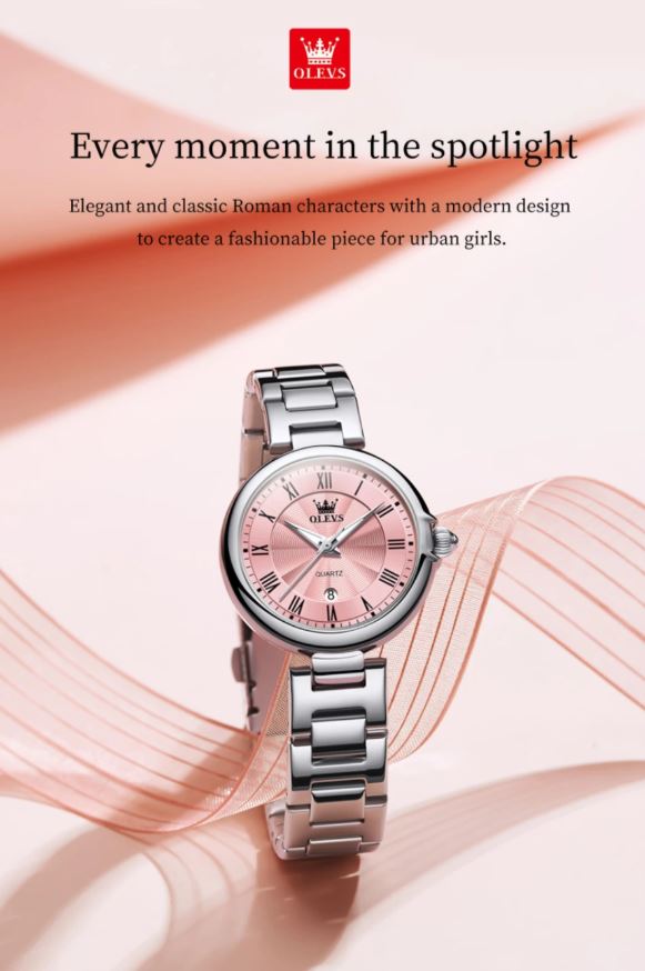 OLEVS 5608 Women’s Luxury Quartz Watch Silver Pink– Roman Scale Waterproof Luminous Watch