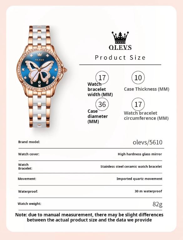 OLEVS watch with product size details on a light pink background