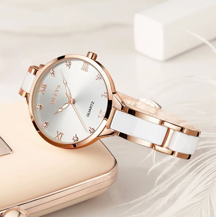 OLEVS 5872 Women's White Luxury Waterproof Ceramic Quartz Watch