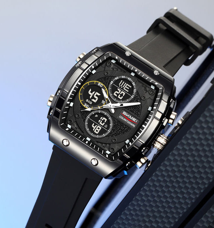 SKMEI 2602 Dual Time Sports Watch Black– 50M Waterproof Silicone Strap
