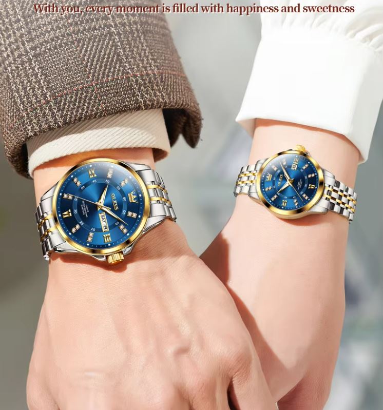 OLEVS 3620 Luxury Couple Quartz Watch Two Tone Blue– Stainless Steel Matching Wristwatch Set