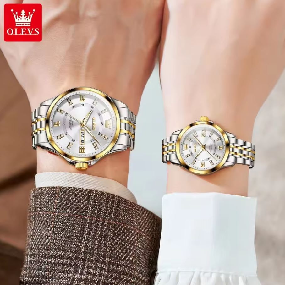OLEVS 3620 Luxury Couple Quartz Watch Two Tone White– Stainless Steel Matching Wristwatch Set