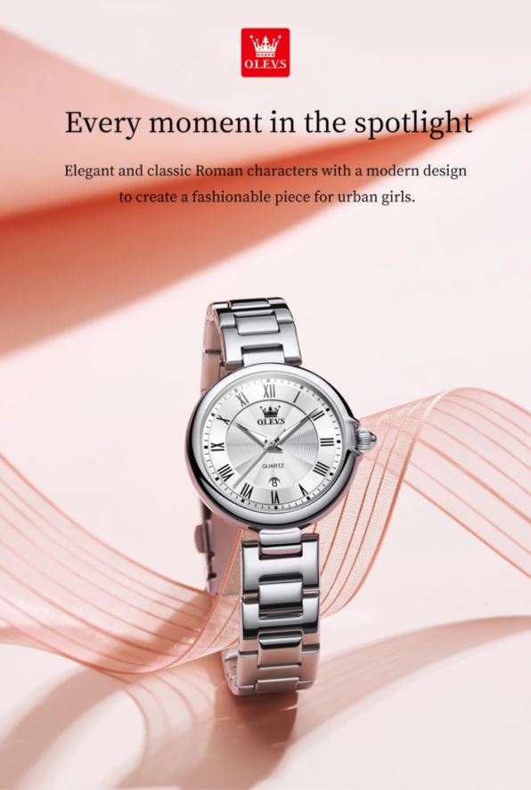 OLEVS 5608 Women’s Luxury Quartz Watch Silver – Roman Scale Waterproof Luminous Watch