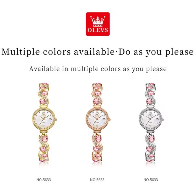 Three watches with pink gemstones on a white background, featuring the OLEVS brand.