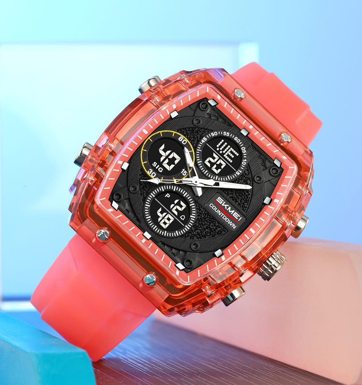 SKMEI 2602 Dual Time Sports Watch Red– 50M Waterproof Silicone Strap