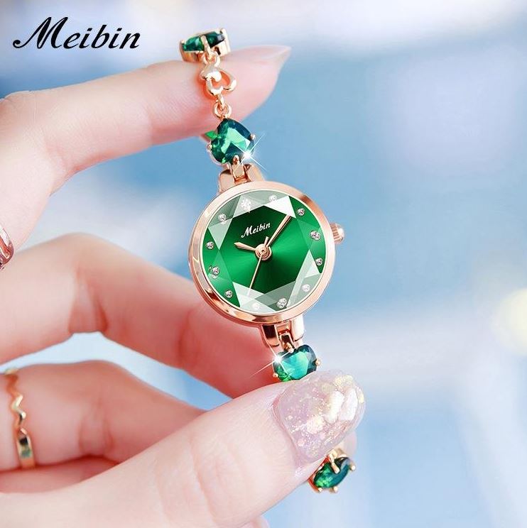 MEIBIN 1713 Women’s Luxury Green Rose Gold Stainless Steel Watch – Elegant Quartz Wristwatch