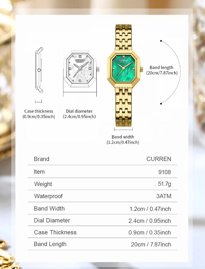 Gold watch with green face on a white card displaying specifications