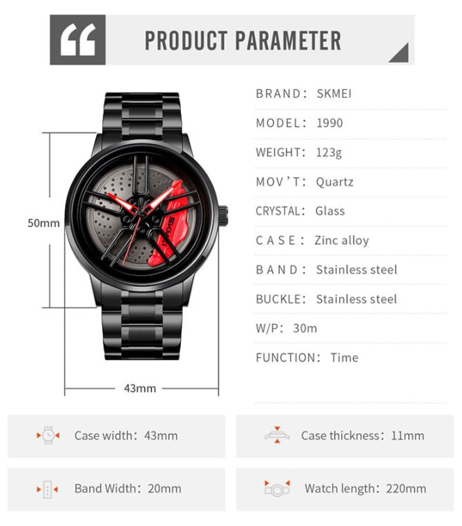 Product parameter card of a watch with brand, model, and specifications.