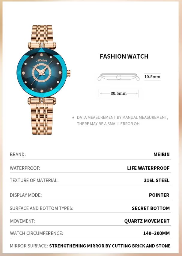 MEIBIN 1482 Women’s Luxury Blue Diamond Quartz Bracelet Watch – Elegant Fashion Wristwatch
