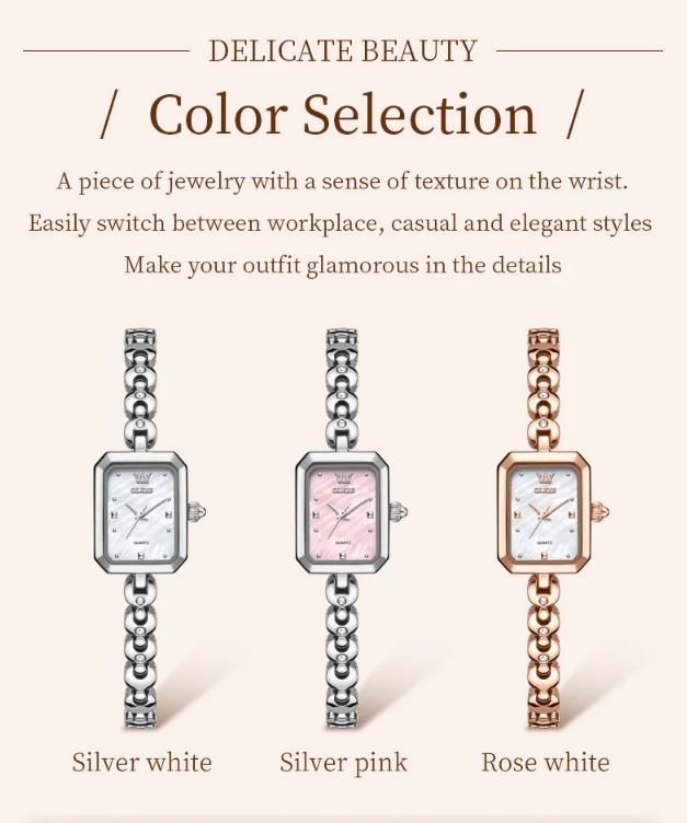 Three watches in silver white, silver pink, and rose gold on a light background with text about color selection.
