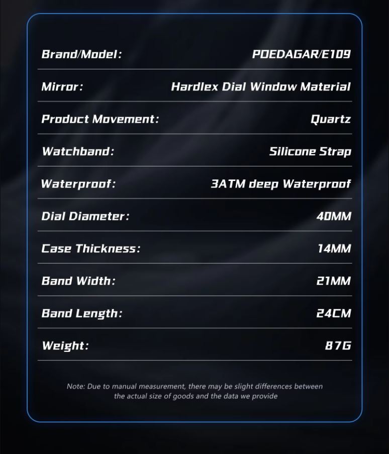 Product specifications of a watch on a dark background