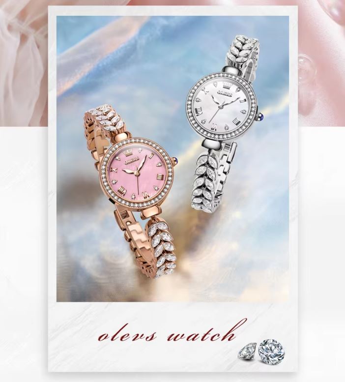 OLEVS 9971 Ladies Diamond Design Luxury Quartz Watch Pink Dial– Bling Crystal Jewelry Wristwatch