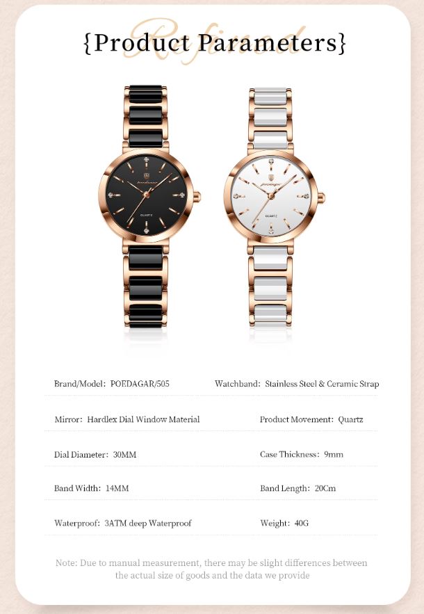 POEDAGAR 505 Women’s Luxury Rose Gold Black Quartz Watch – Ceramic Strap Fashion Wristwatch