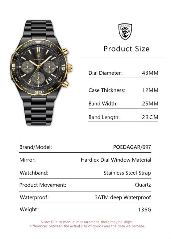 POEDAGAR 697 Men’s Luxury Quartz Chronograph Watch Black Black– Stainless Steel Waterproof Luminous Wristwatch