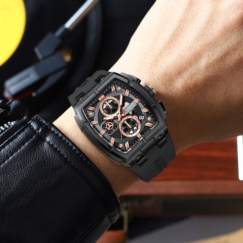 CURREN 8488 Men’s Quartz Watch Black Rose– Silicone Band Waterproof Luminous Calendar Wristwatch