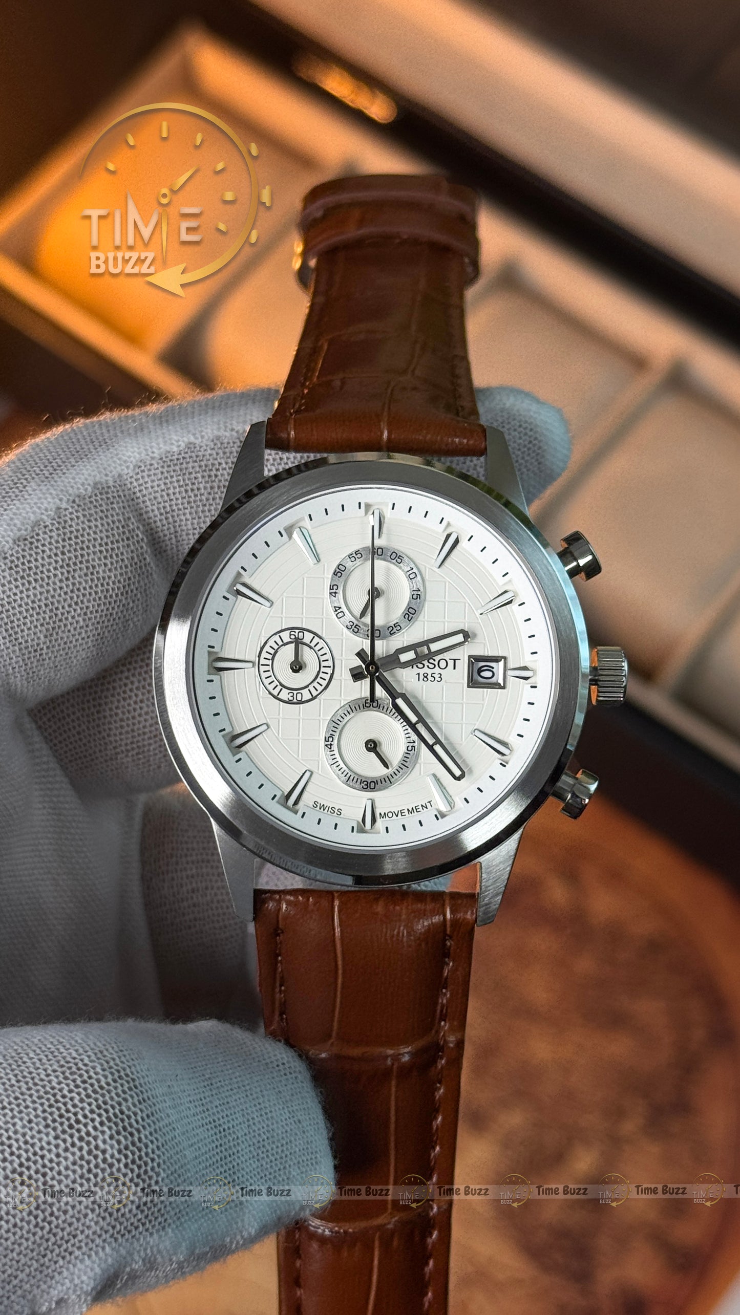 Tissot 1853 Men's Chronograph Watch – White Dial & Brown Leather Strap