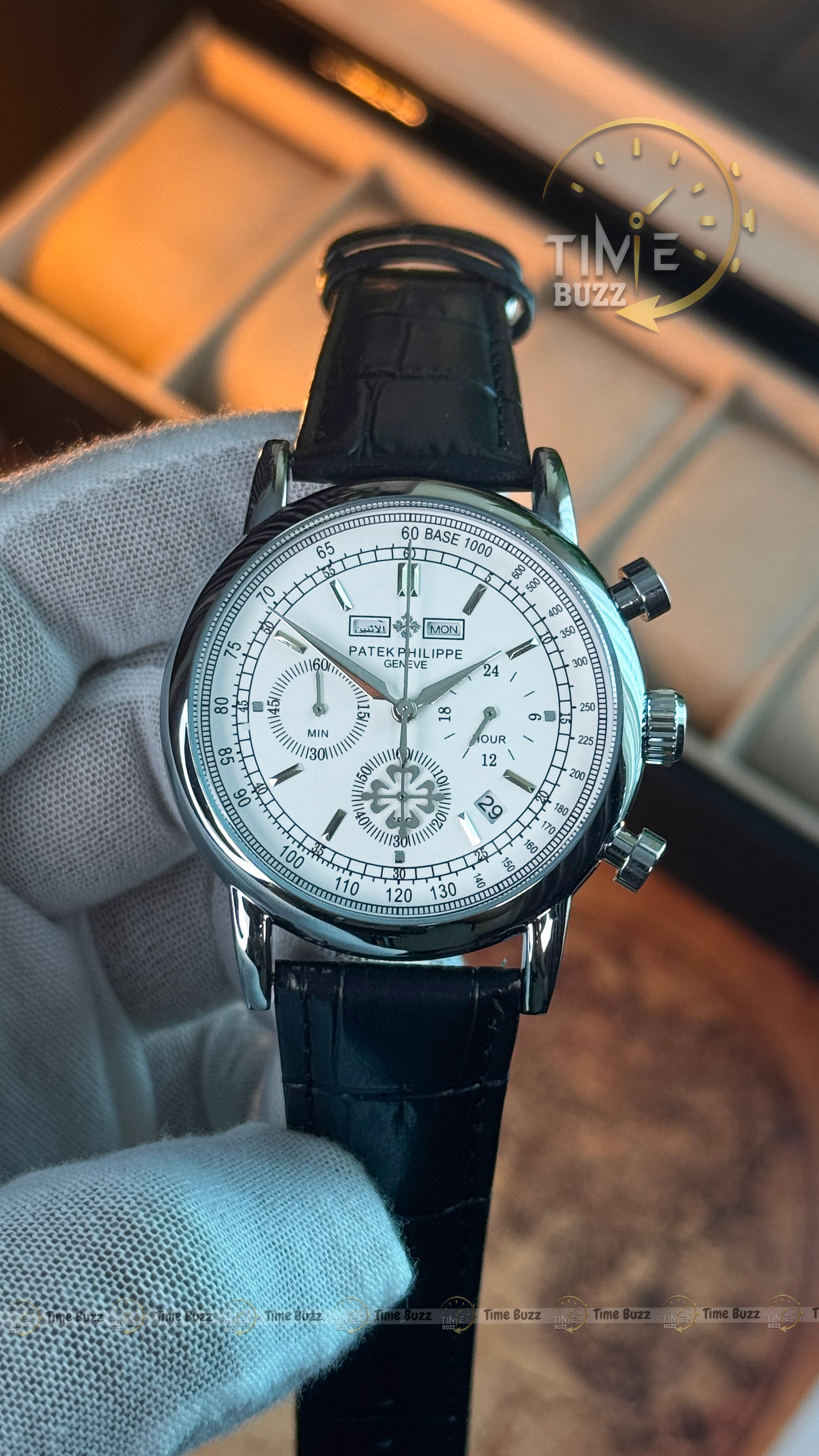 Patek Philippe Geneve Men's Chronograph Watch – White Dial & Black Leather Strap