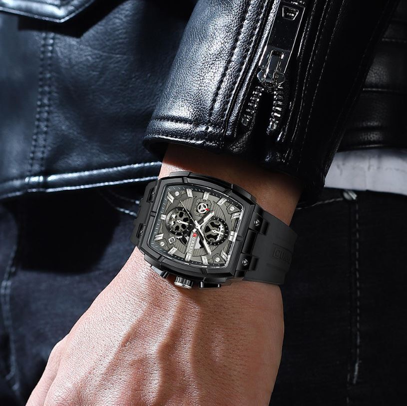 CURREN 8488 Men’s Quartz Watch Black Grey– Silicone Band Waterproof Luminous Calendar Wristwatch