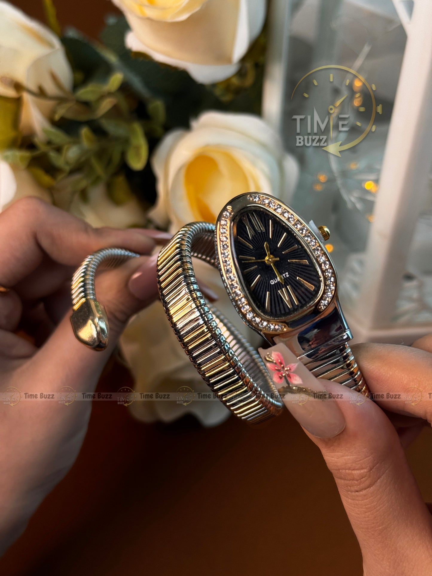 Luxury Silver Snake Bracelet Women's Quartz Watch with Black Dial | Crystal Fashion Bangle Watch