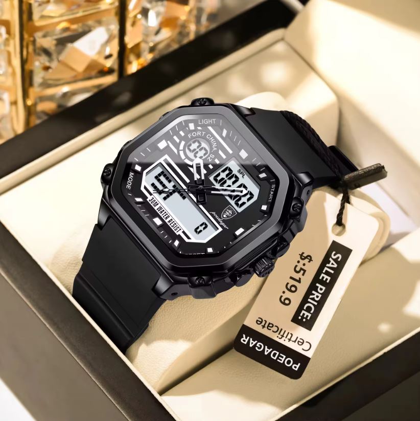 POEDAGAR 993 Men’s Sports LED Watch Black– Waterproof Luminous Week Date Silicone Wristwatch