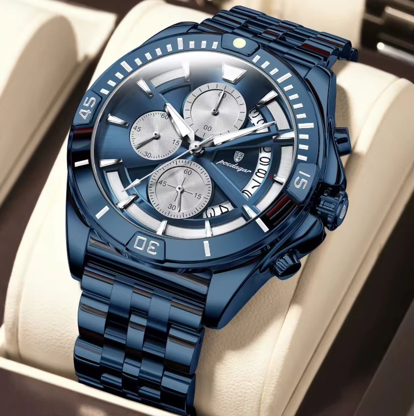 POEDAGAR 695 Men’s Sports Quartz Watch Blue – Stainless Steel Luxury Chronograph Wristwatch