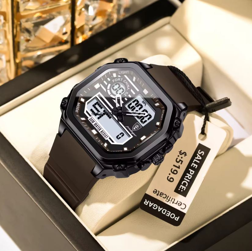 POEDAGAR 993 Men’s Sports LED Watch Brown– Waterproof Luminous Week Date Silicone Wristwatch