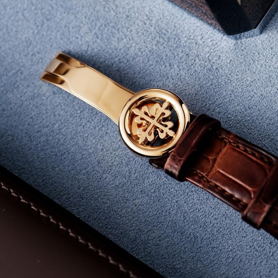 Patek Philippe Skeleton Moonphase Men’s Watch – White Gold Dial & Brown Leather Strap