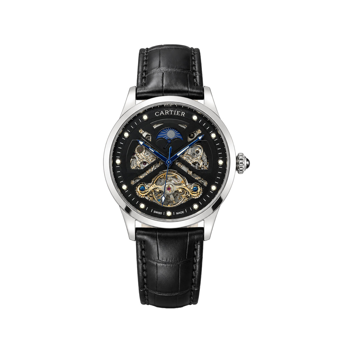 CARTIER Silver Skeleton Automatic Men’s Watch with Black Dial and Leather Strap