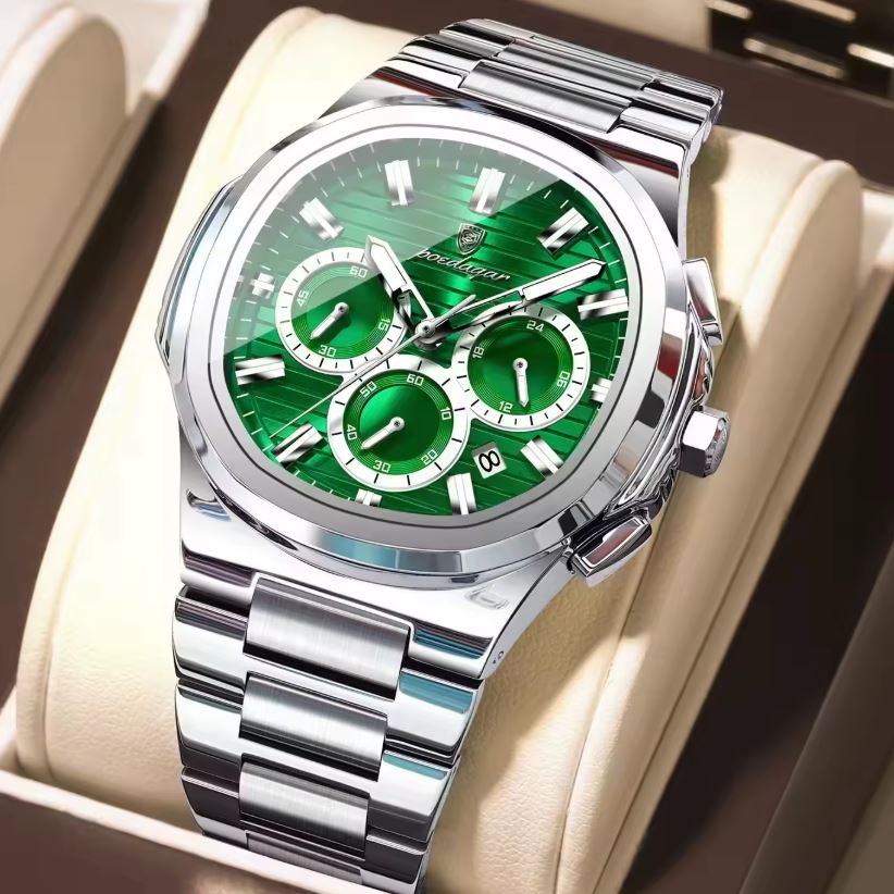 POEDAGAR 834 Men’s Luxury Square Quartz Watch Silver Green– Waterproof Luminous Date Stainless Steel Wristwatch