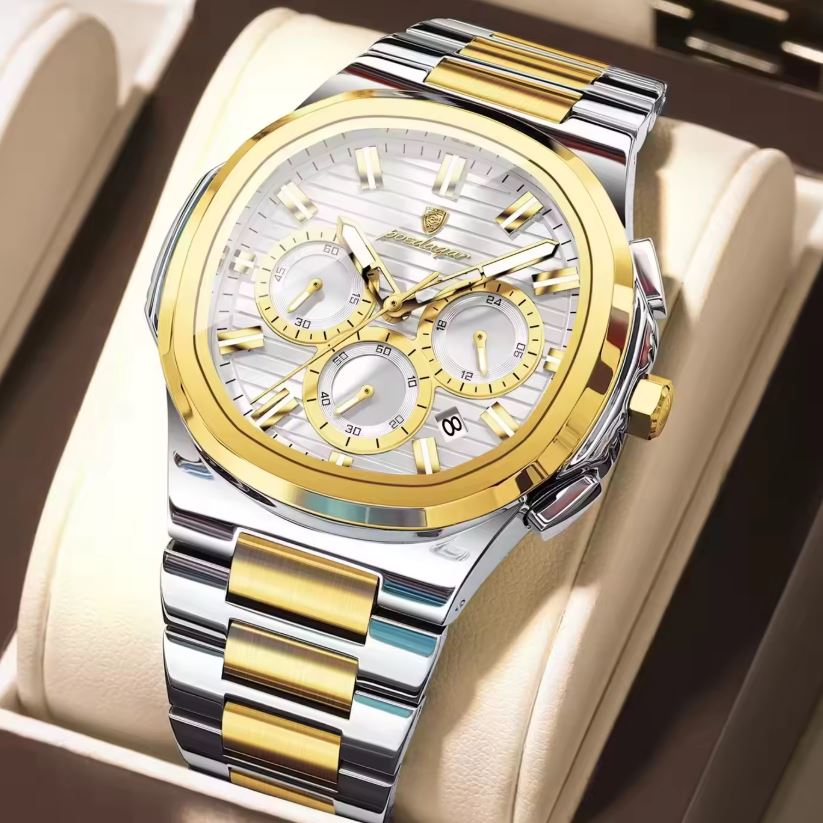 POEDAGAR 834 Men’s Luxury Square Quartz Watch Gold White– Waterproof Luminous Date Stainless Steel Wristwatch