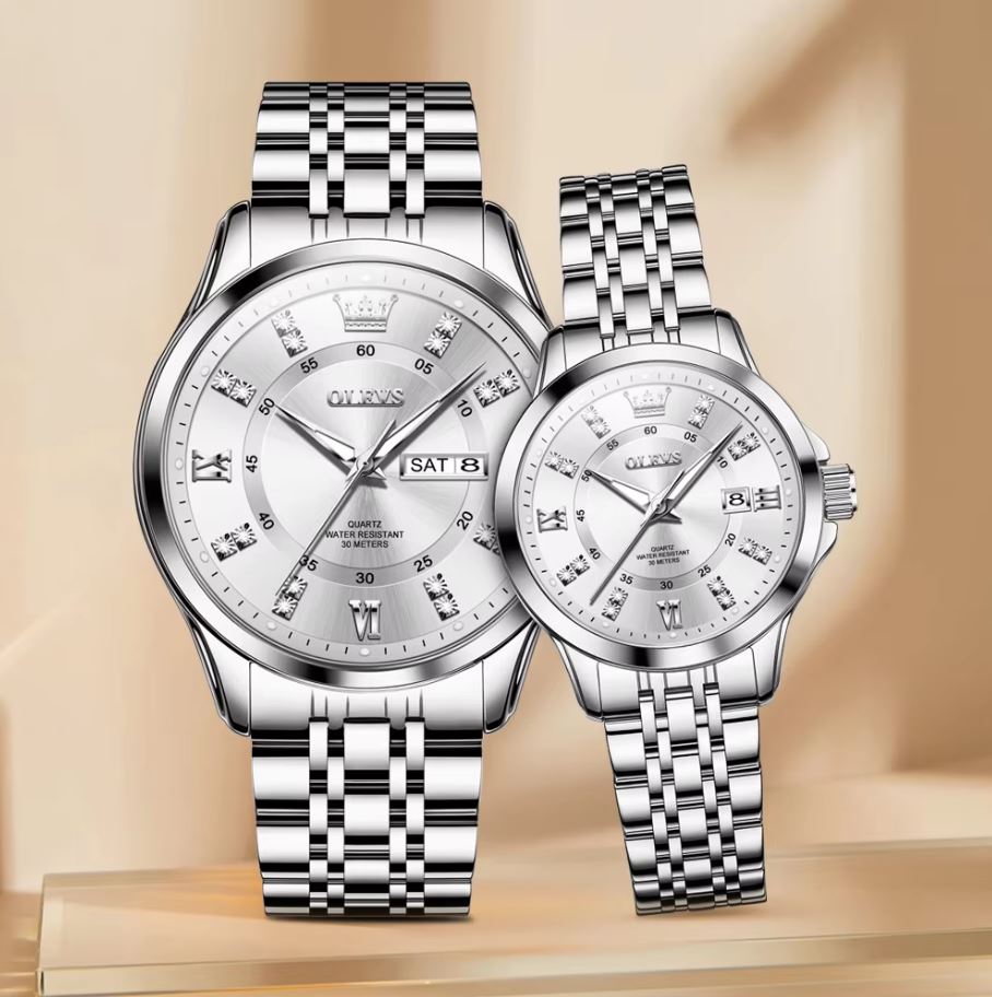 OLEVS 3620 Luxury Couple Quartz Watch Silver– Stainless Steel Matching Wristwatch Set