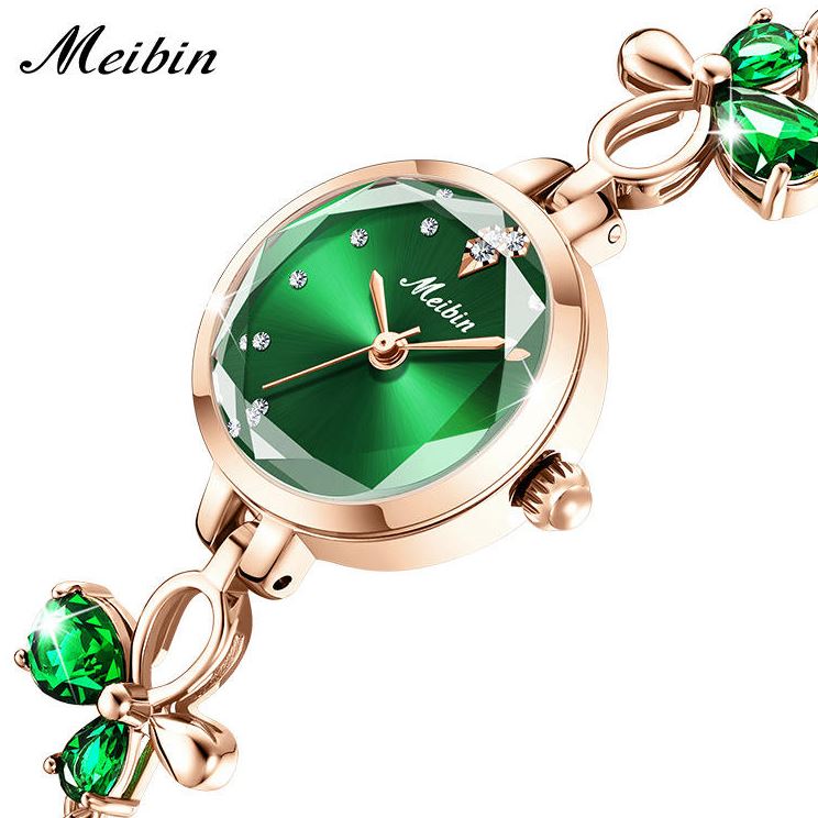 MEIBIN 1673 Women’s Fashion Butterfly Bracelet Watch – Green Dial Quartz Water Diamond Wristwatch