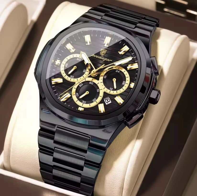 POEDAGAR 834 Men’s Luxury Square Quartz Watch Black– Waterproof Luminous Date Stainless Steel Wristwatch