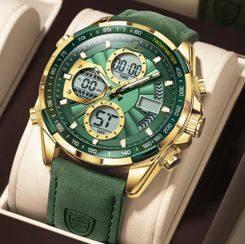 Green and gold watch with digital and analog display on a white cushion