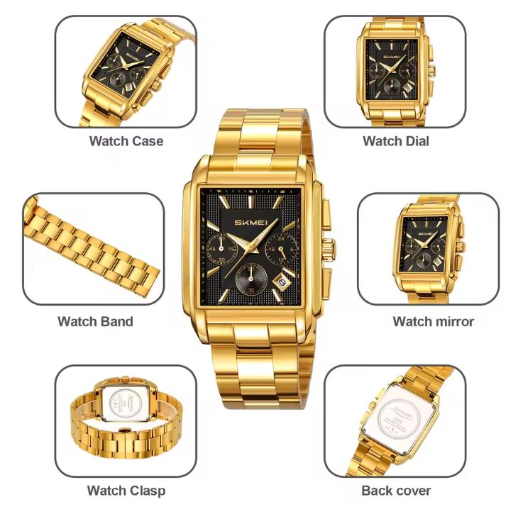 SKMEI 2339 Men’s Square Stainless Steel Quartz Watch Golden Black– Waterproof Business Wristwatch
