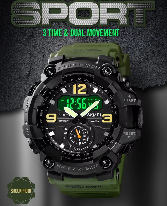 SKMEI 1637 Men’s Analog Digital Sports Watch Black Green– 50M Waterproof