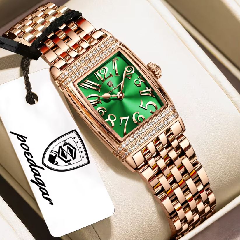 Poedagar 799 Women's Luxury Watch | Square Rose Green Design