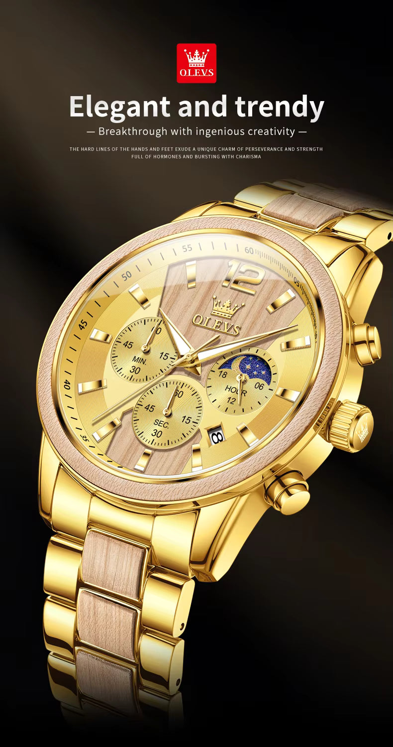 OLEVS 3645 Men's Gold Wooden Chronograph Watch – Elegant & Waterproof